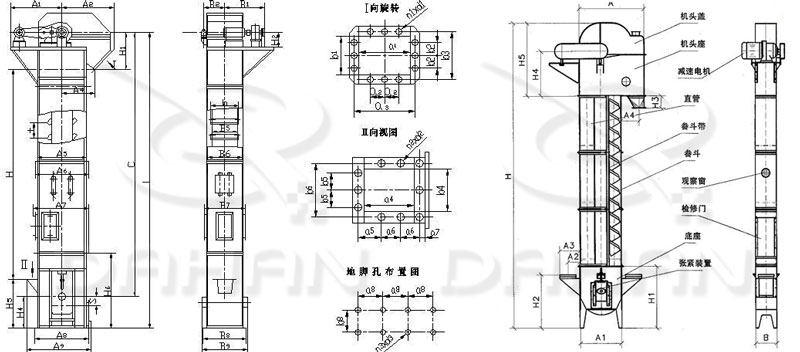 TD/D型斗式提升機(jī)基本結(jié)構(gòu):機(jī)頭蓋，機(jī)頭座，減速電機(jī)，直管，底座，緊張裝置等。