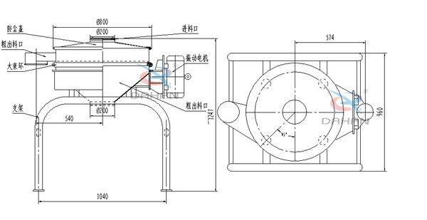 單振源直排篩機構和持續(xù)：防塵蓋（mm）：800進料口（mm）：200結構;防塵蓋，大束環(huán)，支架，振動電機，進料口等。