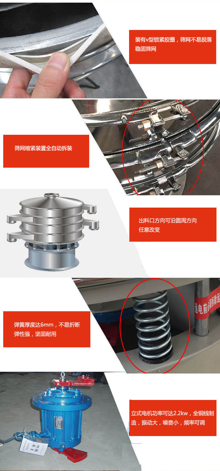 裝有V型鎖緊膠圈，使篩網(wǎng)不易脫落穩(wěn)固篩網(wǎng)，篩網(wǎng)鎖緊裝置，全自動(dòng)拆裝，出料口方向可沿圓周方向任意改變。彈簧厚度達(dá)6mm，不易折斷，彈性強(qiáng)，堅(jiān)固耐用。專業(yè)的振動(dòng)電機(jī)，全銅線制造，振動(dòng)大，機(jī)械噪音小，頻率可調(diào)。產(chǎn)品對(duì)比:材質(zhì)：大漢振動(dòng)篩廠家采用304不銹鋼材質(zhì)耐腐蝕性，耐熱性強(qiáng)。個(gè)別廠家采用其它金屬材質(zhì)，耐腐蝕性，耐熱性差蒸發(fā)緩慢，烘干效率較低。大漢振動(dòng)篩廠家采用金屬編織網(wǎng)，篩分精度高，效率高，篩網(wǎng)利用率高。