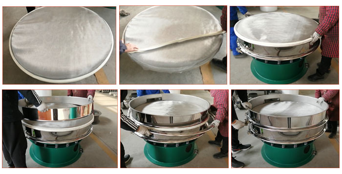 食品振動(dòng)篩網(wǎng)安裝步驟3，將密封圈安裝到網(wǎng)架周圍，將篩框放到網(wǎng)架上，并利用束環(huán)將上下兩層篩框固定在一起。