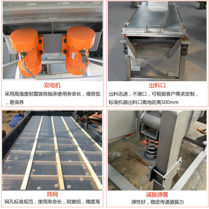 線振動篩配件優(yōu)勢：雙電機(jī)采用高強(qiáng)度耐震鑄鐵軸承使用壽命長，噪音低，易保養(yǎng)，出料口：出料迅速，不堵口，可根據(jù)客戶需求定制標(biāo)準(zhǔn)機(jī)器出料口離地距離500mm。篩網(wǎng)：網(wǎng)孔標(biāo)準(zhǔn)規(guī)范，使用壽命長，耐磨損，精度高。減震彈簧彈性好，穩(wěn)定傳遞激振力。