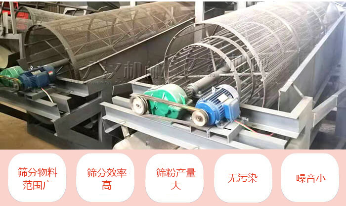 滾筒篩分機主要特點：篩分物料范圍廣，篩分效率高，篩分產(chǎn)量大，無污染，噪音小。