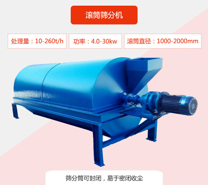 滾筒篩分機：處理能力：10-260t/h  功率：4.0-30kw 滾筒直徑：1000-2000mm 篩分筒可封閉，易于密閉收塵