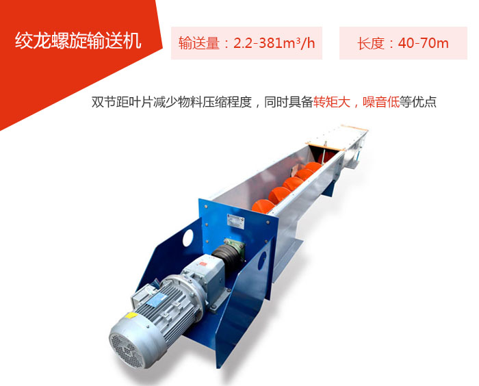 絞龍螺旋輸送機(jī)輸送量：2.2-381m3/h 長(zhǎng)度：40-70m 雙節(jié)距葉片減少物料壓縮程度，同時(shí)具備轉(zhuǎn)矩大，噪音低等優(yōu)點(diǎn)。