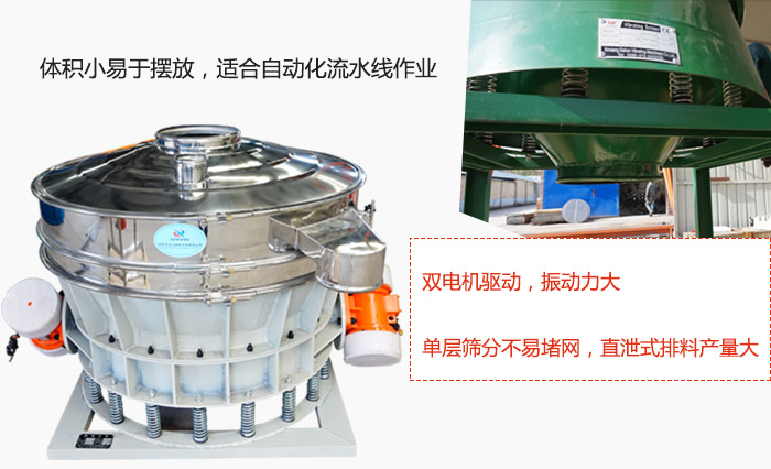 雙電機(jī)驅(qū)動(dòng)，振動(dòng)力大，單層篩分不易堵網(wǎng)，直泄式排料產(chǎn)量大