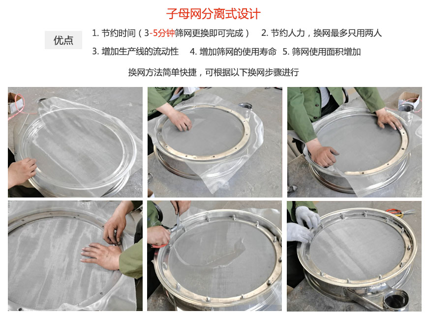 大漢振動(dòng)機(jī)械換網(wǎng)優(yōu)勢(shì)：1，節(jié)省時(shí)間（3-5分鐘篩網(wǎng)更換即可完成）2，節(jié)省人力，換網(wǎng)只有兩人。3.增加生產(chǎn)線的流暢性。4.增加篩網(wǎng)壽命，彈跳球不直接撞擊子網(wǎng)。5.篩網(wǎng)使用面積增加。