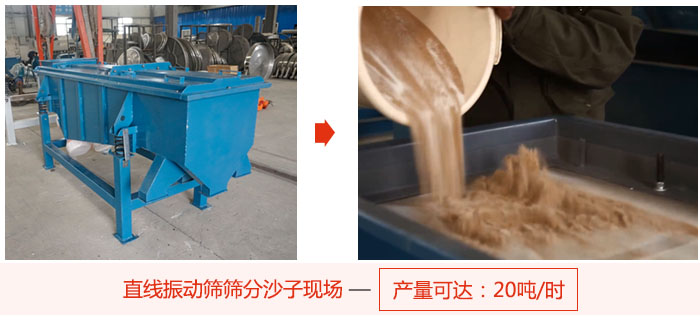 直線振動篩篩分沙子現(xiàn)場展示，產(chǎn)量高達20噸每小時。