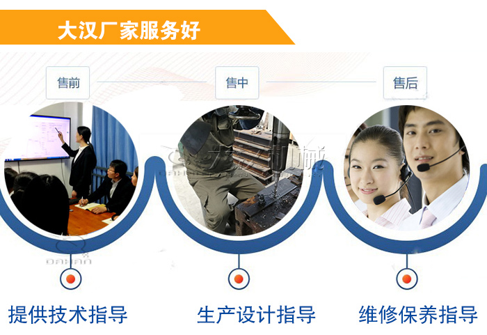 大漢廠家服務(wù)流程：售前-售中-售后：提供技術(shù)指導(dǎo)，生產(chǎn)設(shè)計(jì)指導(dǎo)，維修保養(yǎng)指導(dǎo)。