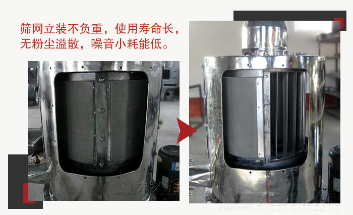 氣流篩采用立式篩網(wǎng)，不受物料的沖擊力的影響，篩網(wǎng)使用壽命長(zhǎng)