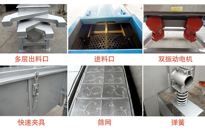 多層直線振動(dòng)篩出料口，篩網(wǎng)，彈簧，快速夾具，振動(dòng)電機(jī)等