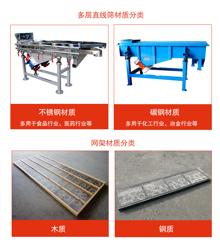多層直線振動(dòng)篩材質(zhì)有：不銹鋼，碳鋼；網(wǎng)架材質(zhì)有木質(zhì)，鋼質(zhì)等。