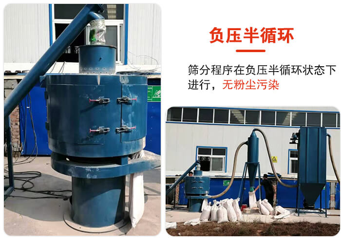 氣流篩負(fù)壓半循環(huán)，篩分程序在負(fù)壓版循環(huán)狀態(tài)下進(jìn)行，無粉塵污染。