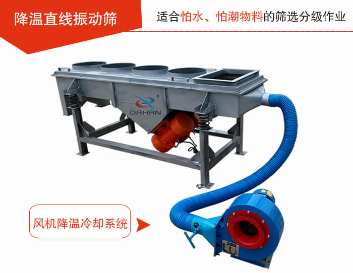 降溫直線振動篩加裝風(fēng)機或水箱降溫方式完成物料的降溫需求。