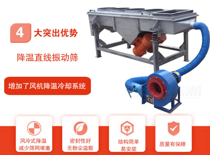 降溫直線振動篩性能特點：1，技術(shù)成熟，質(zhì)量可靠，篩分精度高，處理量大。2，風(fēng)冷式降溫系統(tǒng)設(shè)計，快速有效降溫。3，適用范圍廣，可應(yīng)用于各種需要降溫的物料。4，設(shè)計精巧合理，結(jié)構(gòu)簡單，易安裝，耗能少，噪音低5，篩網(wǎng)使用壽命長，換網(wǎng)更方便，快捷6，設(shè)備整體密封性好，無粉塵溢散。