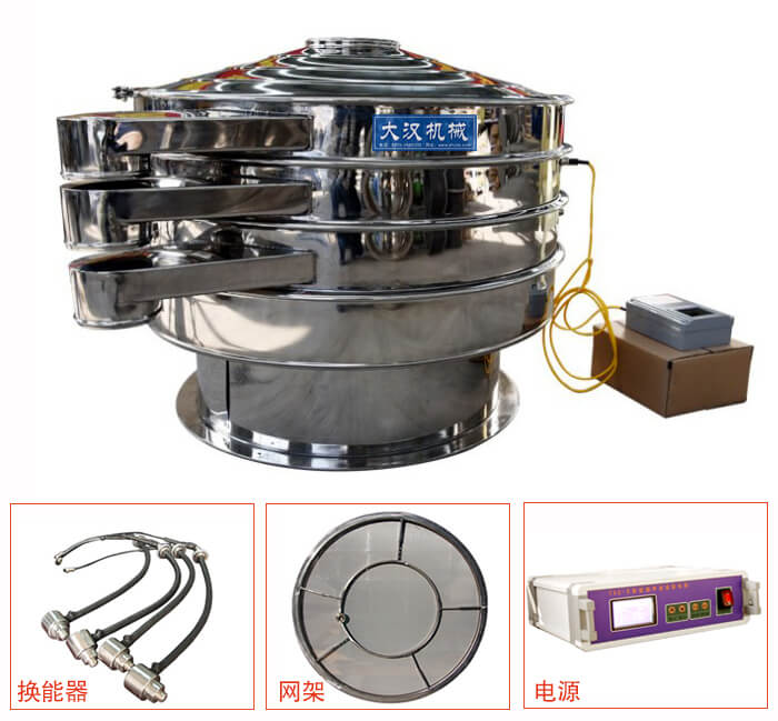  全不銹鋼超聲波振動篩內(nèi)部組成：換能器，網(wǎng)架，電源。