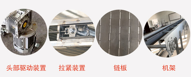 鏈板輸送機(jī)結(jié)構(gòu)：頭部驅(qū)動裝置，拉緊裝置，鏈板，機(jī)架等圖片展示