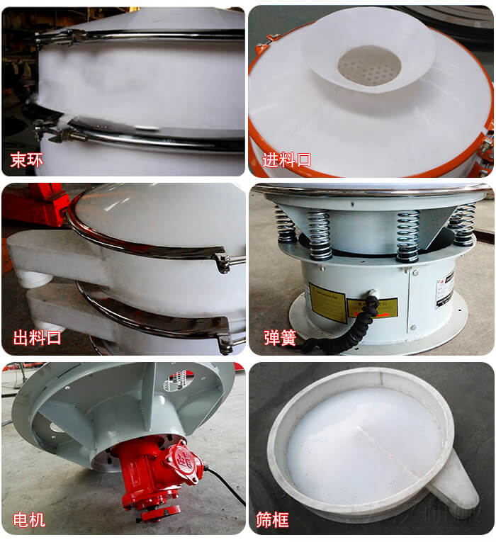 塑料防腐蝕振動篩細節(jié):進料口，框體，網架底框，出料口等。
