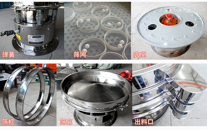 細(xì)節(jié)展示：篩框，篩網(wǎng)，振動(dòng)底座，振動(dòng)體，出料口。