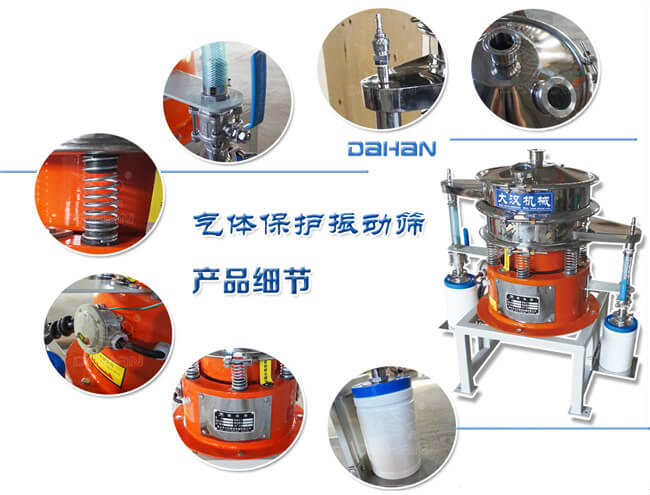 氣體保護振動篩細節(jié)：振動彈簧，手動閥門，料罐等。